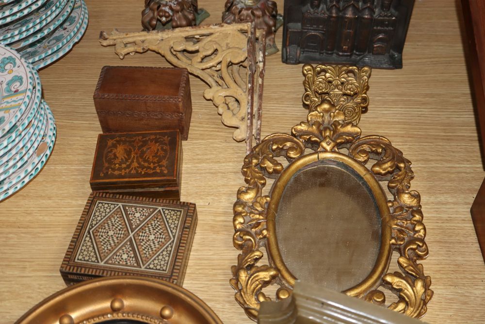 A pair of candlesticks, pottery pots, a sconce, gilt mirrors, three boxes etc (13)